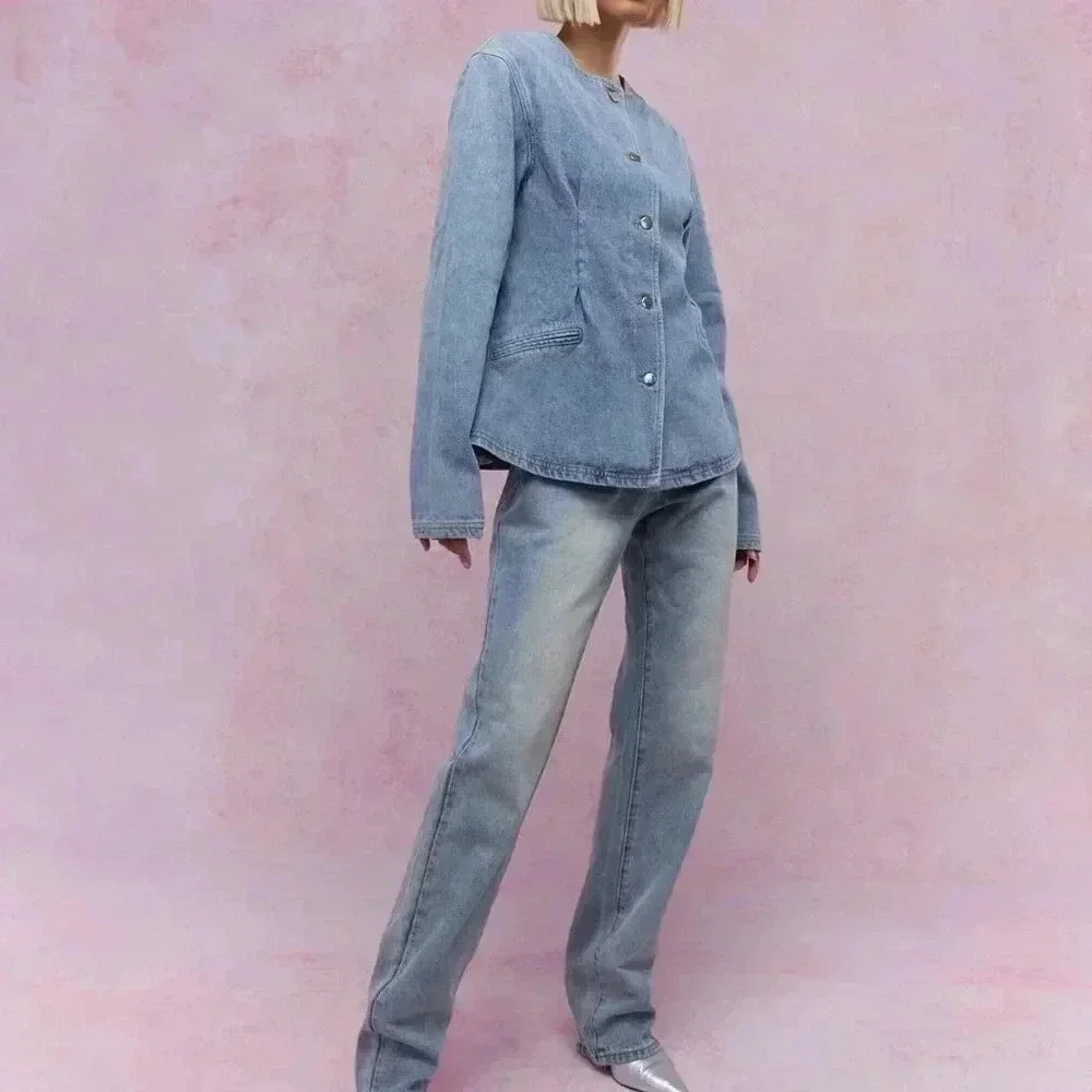 Blue Casual Women's Buttoned Round Collar Long Loose Sleeves Denim Jacket